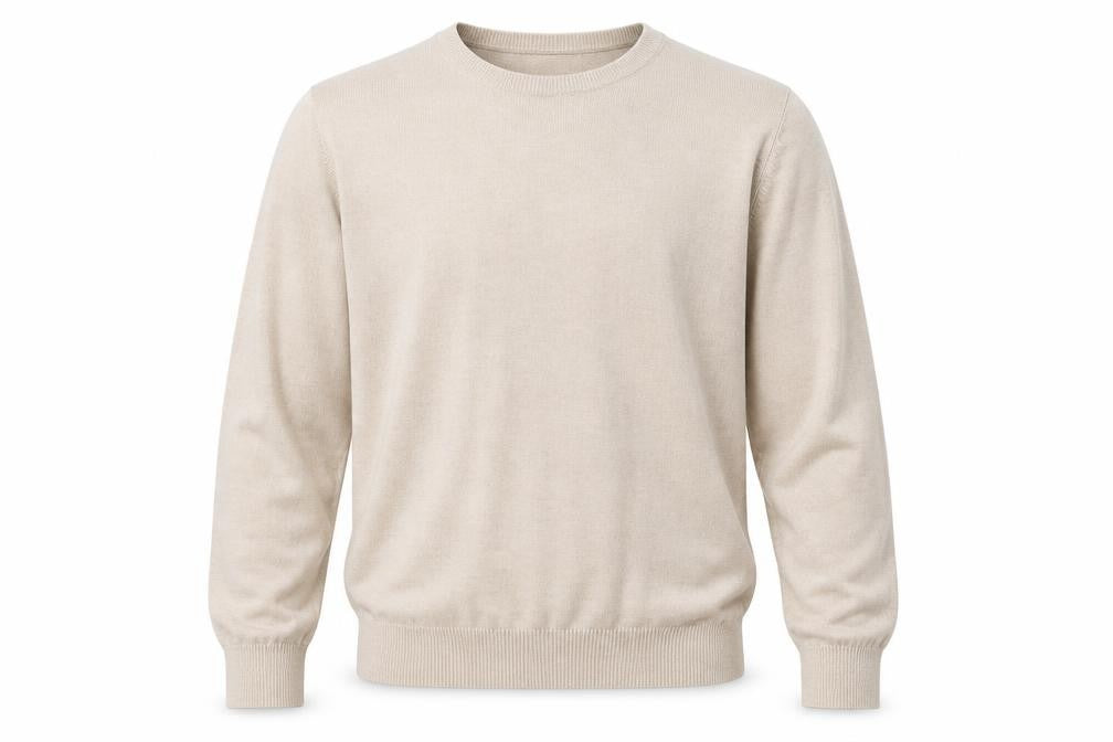 Front view of w&b men’s beige knit pullover sweatshirt, size XL