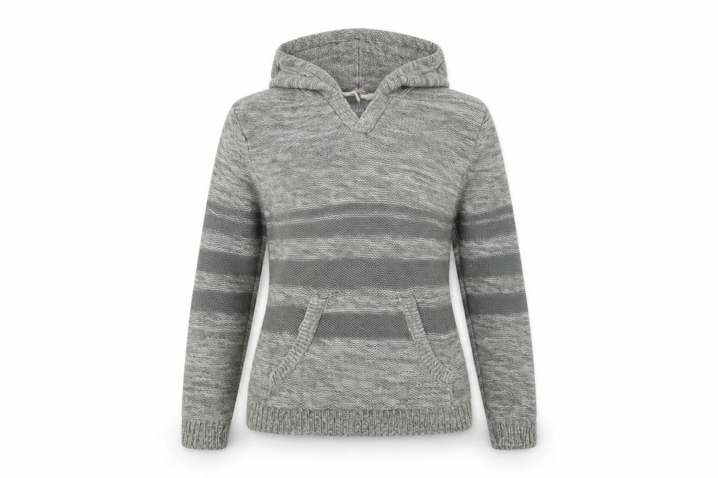 Front view of mrp women’s grey knit pullover hoodie, size M