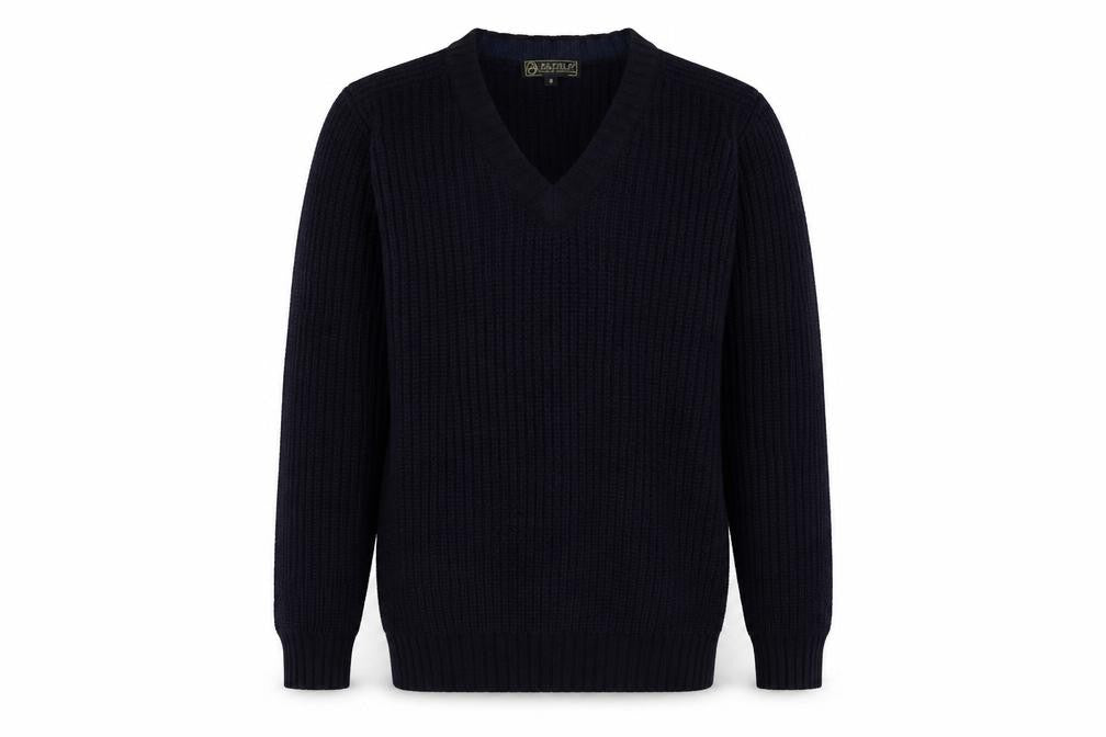 Front view of EWM men’s blue knit pullover sweatshirt, size S