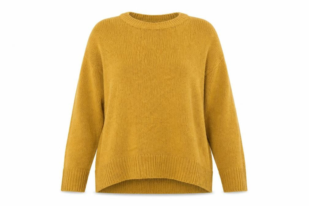 Front view of New Look women’s yellow knit pullover sweatshirt, size L