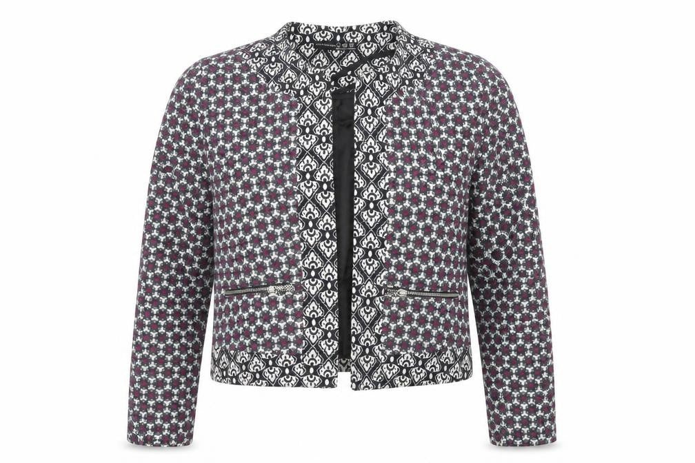 Front view of Atmosphere women’s black geometric jacket, size UK 8