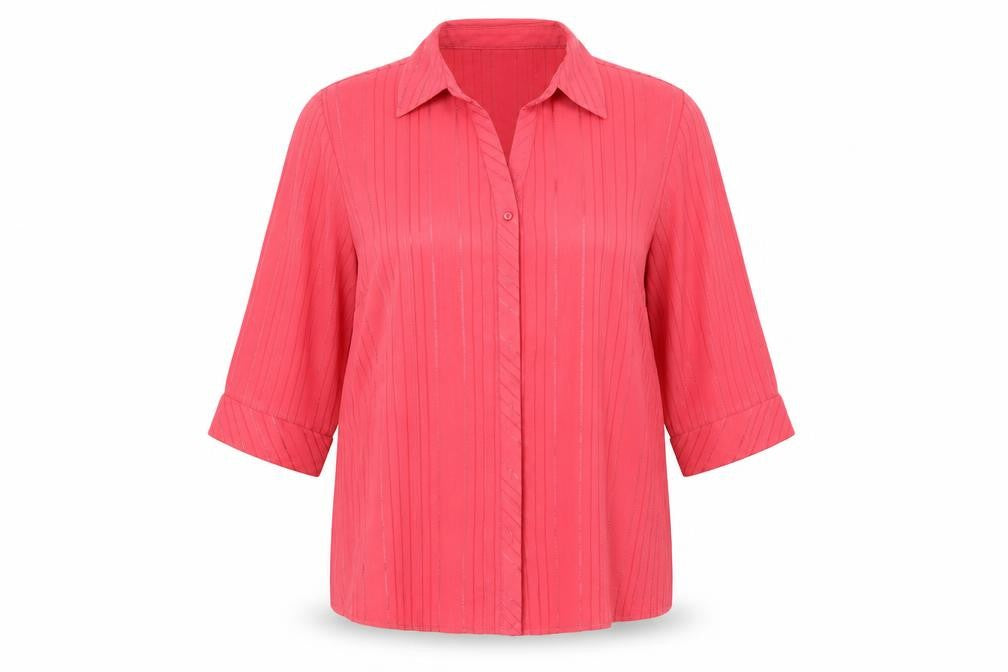 Front view of Bonmarché women’s pink basic button-up, size UK 16