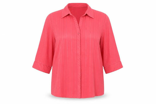 Front view of Bonmarché women’s pink basic button-up, size UK 16
