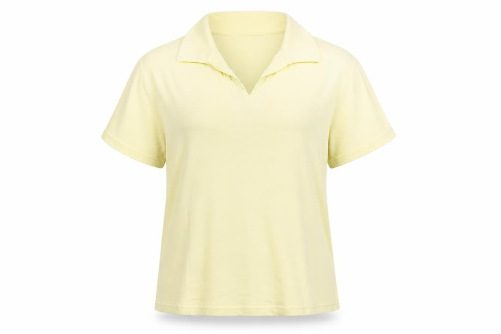 Front view of EWM women’s yellow basic t-shirt, size UK 14