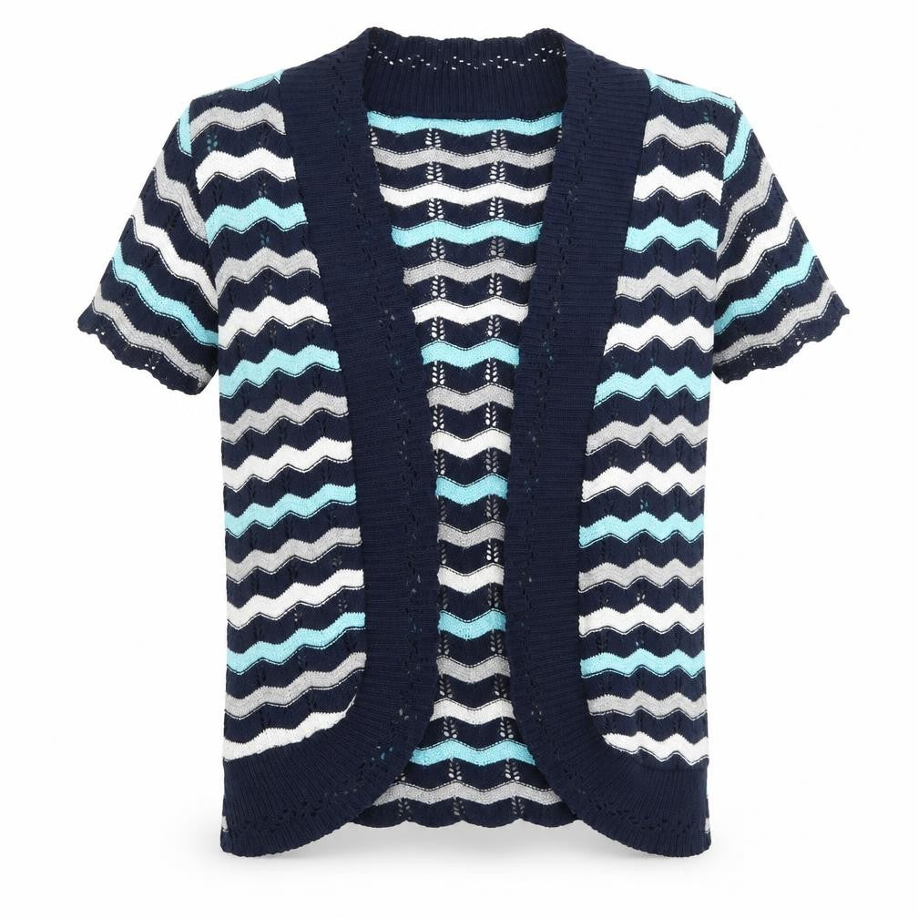 Front view of Me women’s blue geometric cardigan jumper, size M
