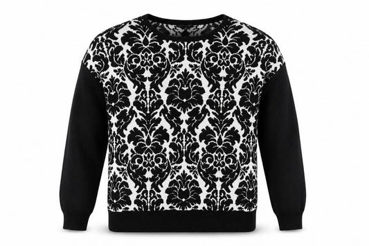 Front view of Warehouse women’s black floral jumper, size UK 6