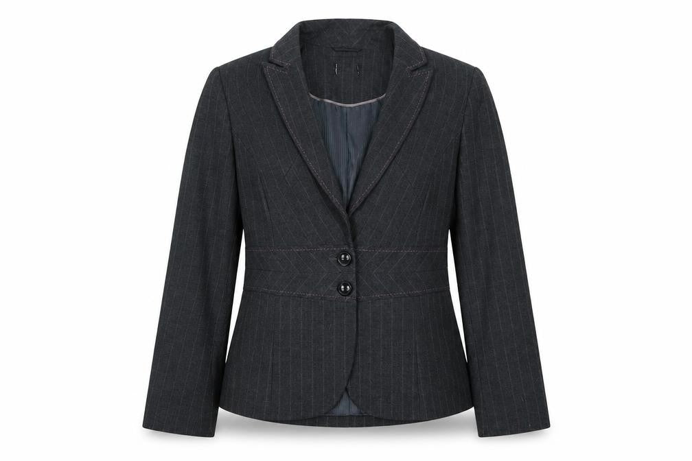 Front view of Preworn women’s grey striped jacket blazer, size UK 14