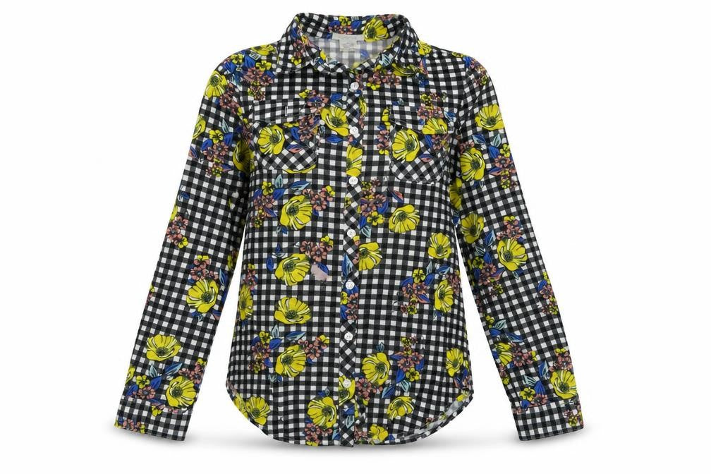 Front view of Passport women’s black floral basic button-up, size S