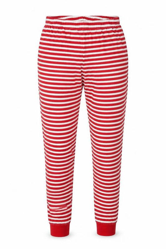 Front view of Christmas women’s white striped sweatpants, size S, 26-inch leg