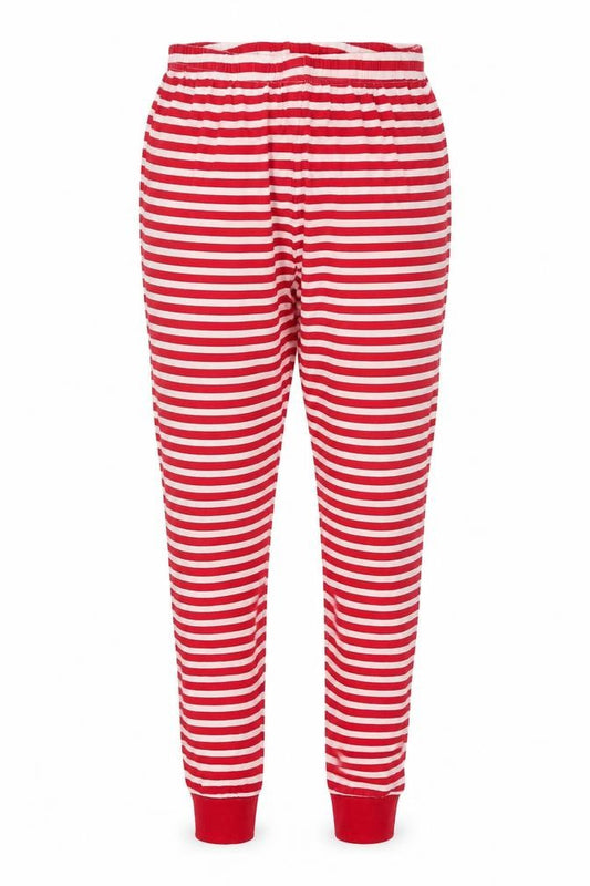 Front view of Christmas women’s white striped sweatpants, size UK 8, 24-inch leg