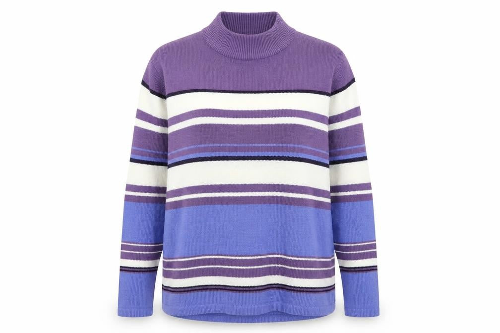 Front view of EWM women’s purple striped jumper, size XL