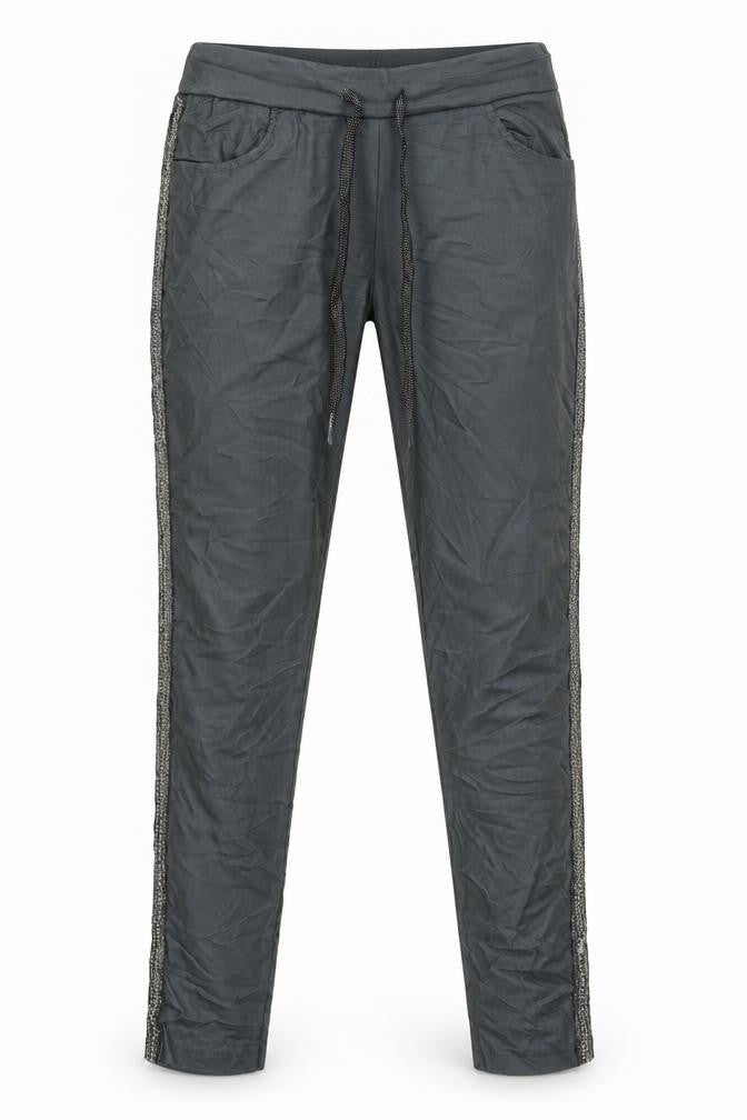 Front view of Preworn women’s grey trousers, size UK 8, 26-inch leg
