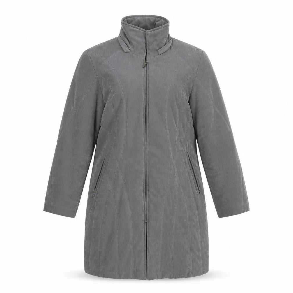 Front view of David Barry women’s grey overcoat coat, size UK 14