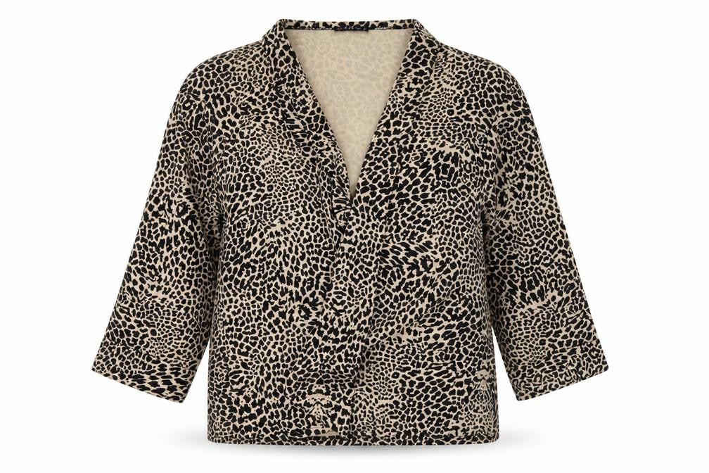 Front view of CMD women’s multicoloured animal print wrap jumper, size UK 16