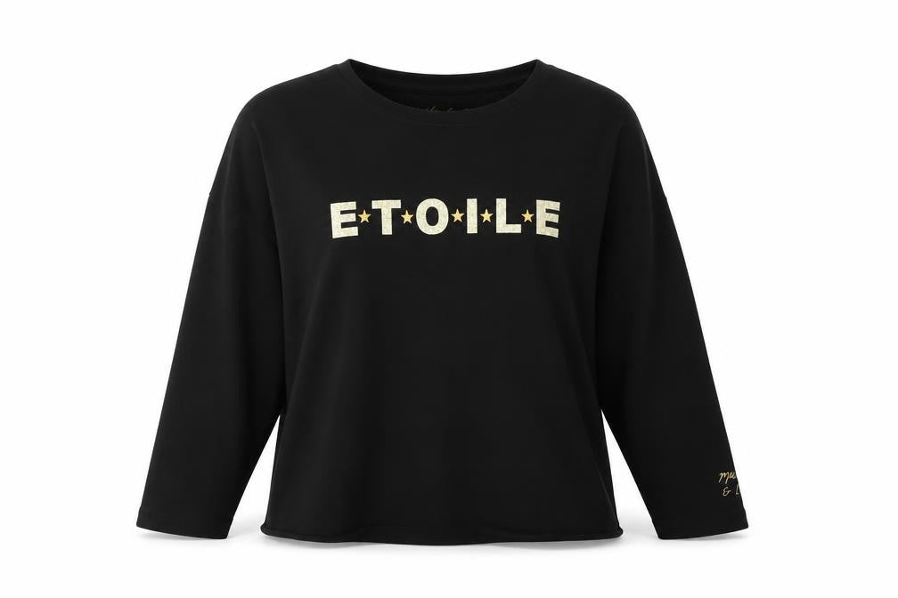 Front view of Martha & Bea women’s black pullover sweatshirt one size