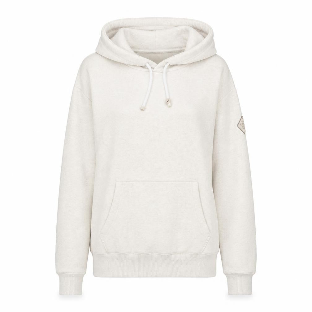 Front view of FSBN women’s beige pullover hoodie, size S