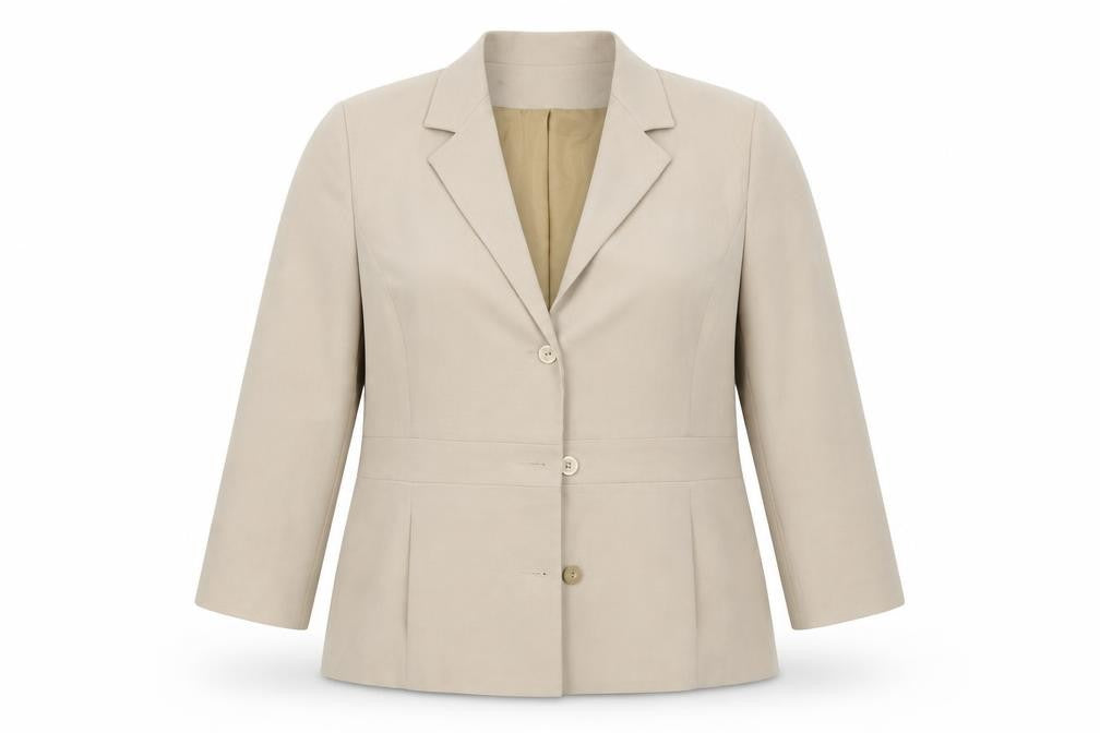 Front view of EWM women’s beige jacket suit jacket, size UK 18