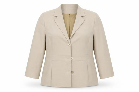 Front view of EWM women’s beige jacket suit jacket, size UK 18