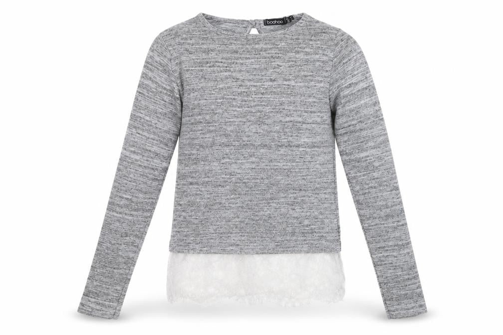 Front view of Boohoo women’s grey basic t-shirt, size UK 8, - lace detail