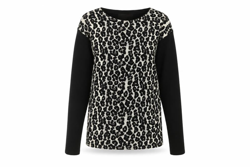 Front view of Next women’s black animal print basic blouse, size UK 6, - leopard print