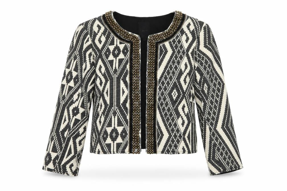 Front view of B. Young women’s multicoloured argyle/diamond jacket suit jacket, size UK 10