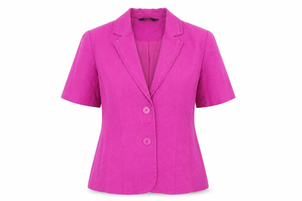 Front view of Bonmarché women’s pink jacket, size UK 12, - linen look jacket