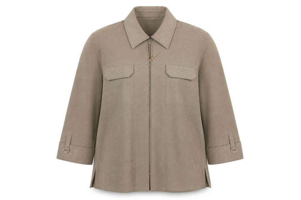 Front view of Frank Walder women’s green jacket, size UK 12, - 3/4 sleeves