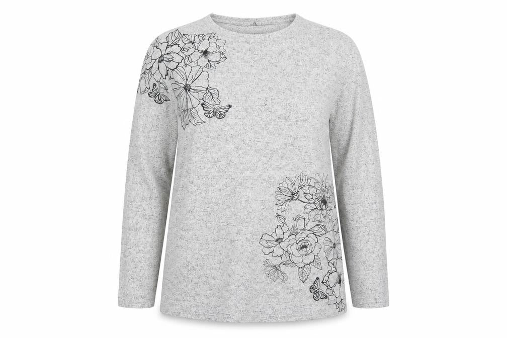 Front view of Isle women’s grey floral jumper, size UK 14