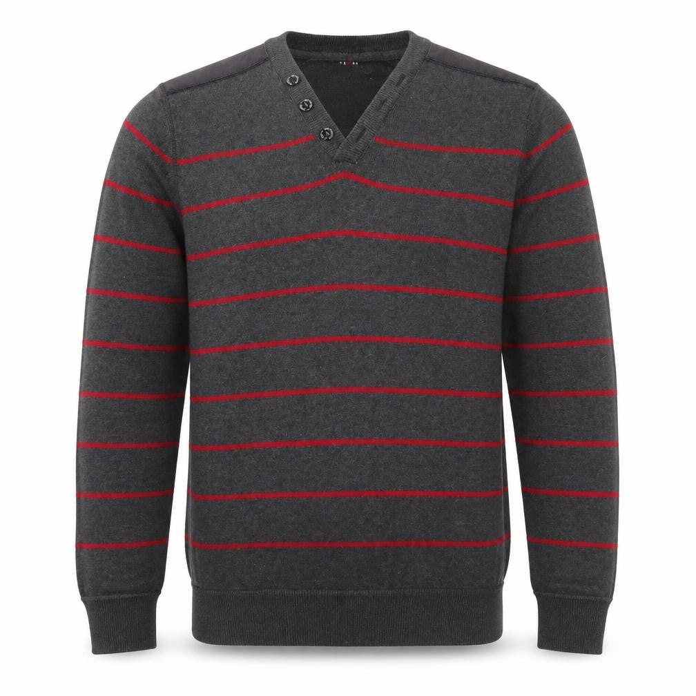 Front view of Easy men’s grey striped knit jumper, size S, - red
