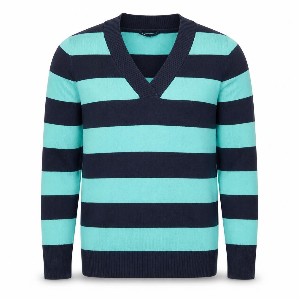 Front view of Gap men’s blue striped knit jumper, size S