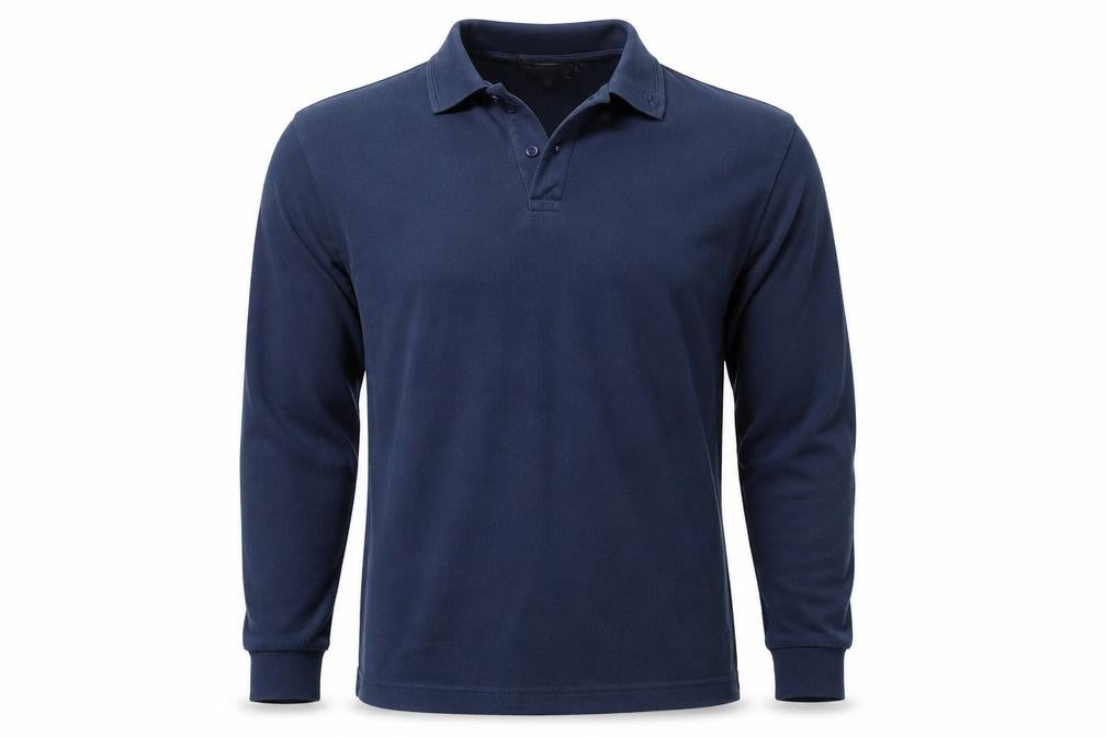 Front view of Trojan men’s blue polo, size S