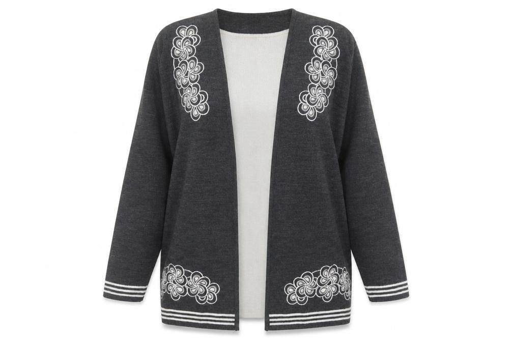 Front view of Amoretti women’s grey floral jumper one size