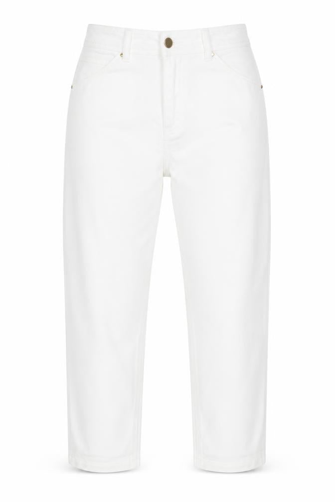 Front view of Soon women’s white denim cropped jeans, size UK 10, 23-inch leg