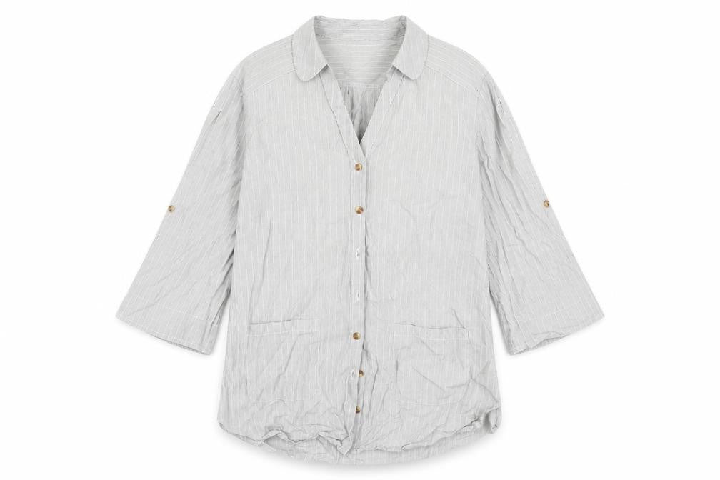 Front view of F&F women’s grey striped basic button-up, size UK 8