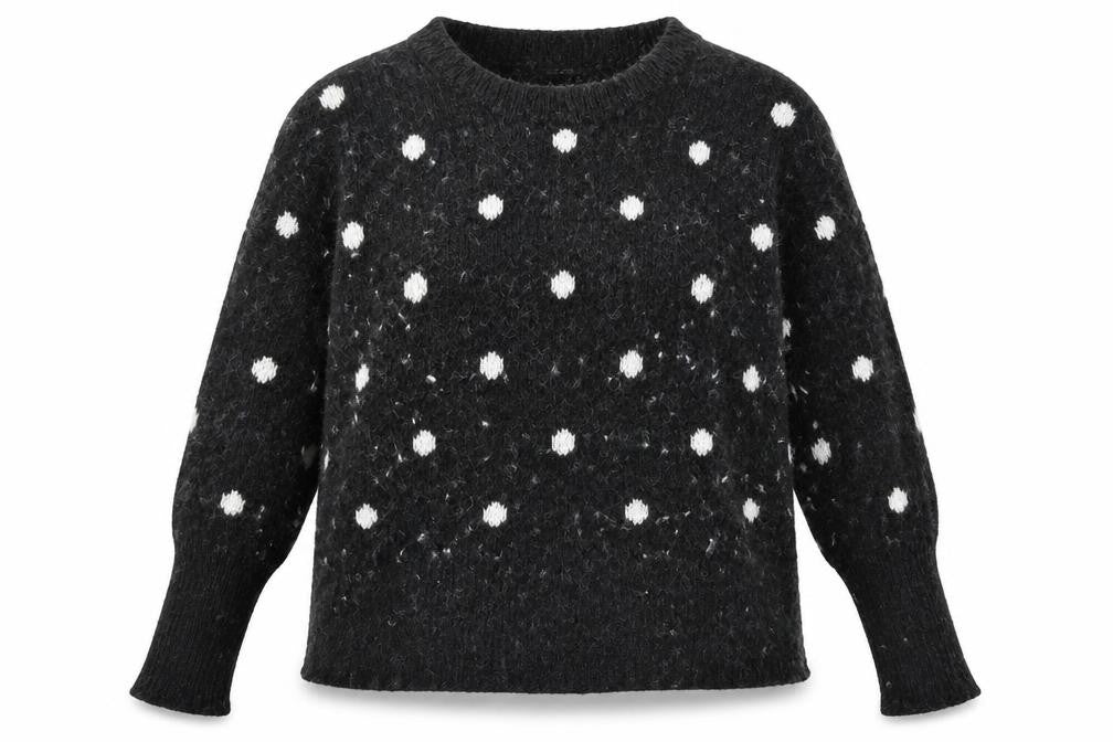 Front view of H&M women’s grey polka dot knit jumper, size M