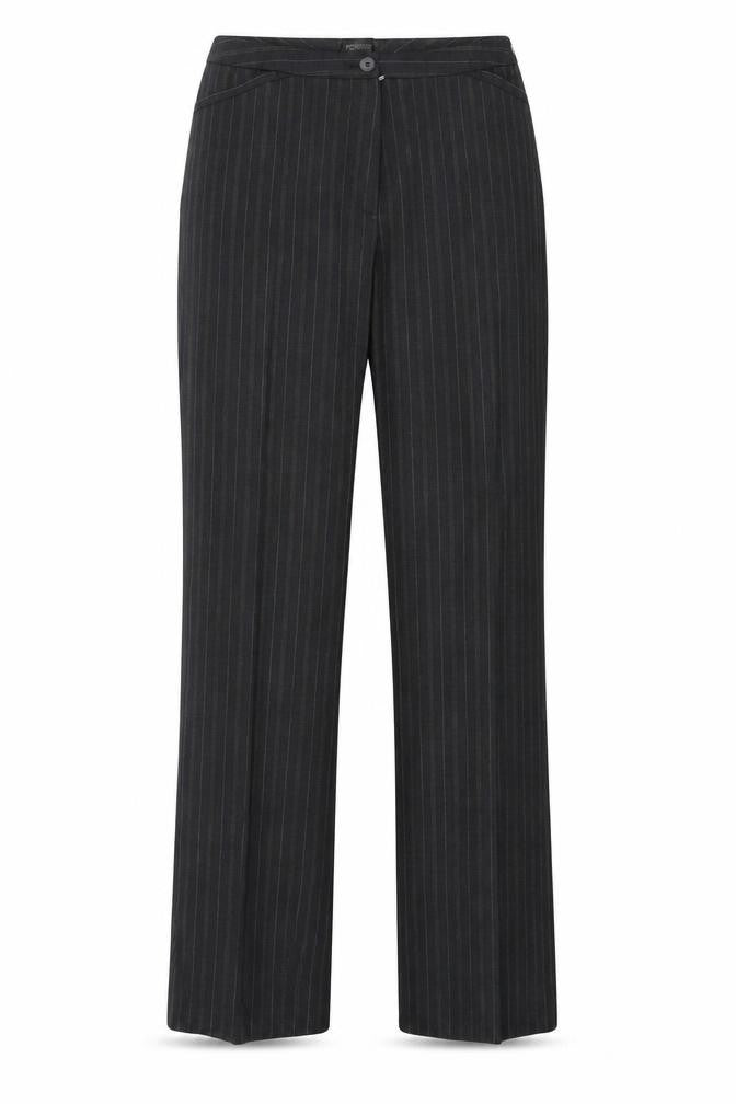 Front view of Rosner women’s black striped trousers, size UK 12, 30-inch leg