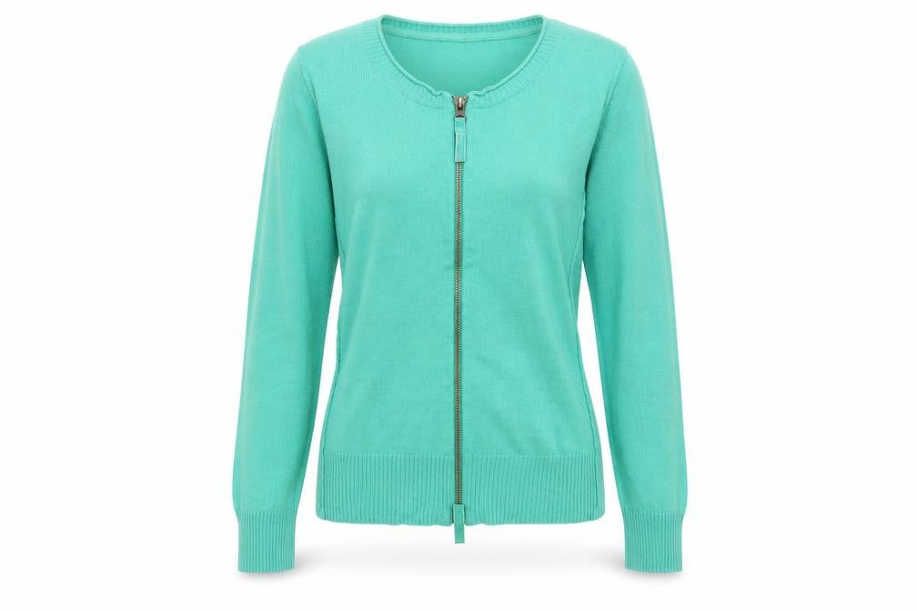 Front view of mistal women’s green full zip jumper, size UK 8