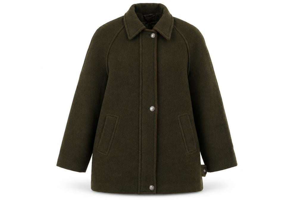 Front view of James women’s green overcoat coat, size L