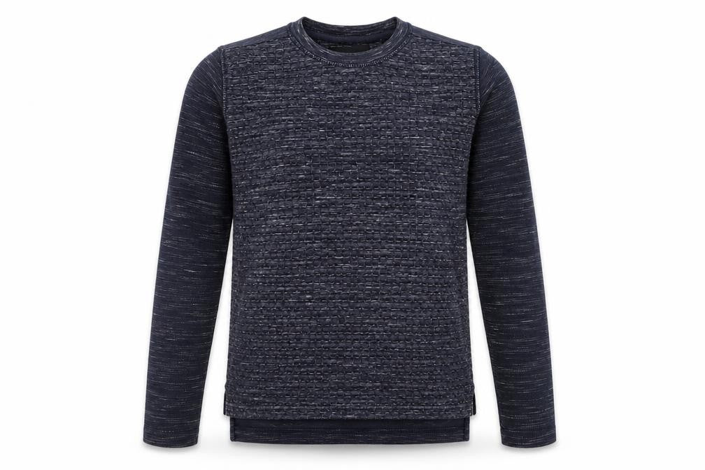 Front view of DNM men’s blue jumper, size S