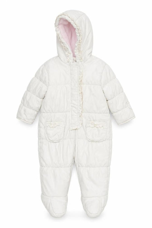 Front view of onme girls’ white basic coat coat, size 6-9, months - all in one coat