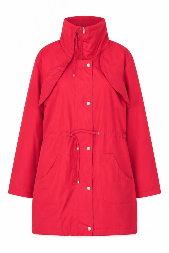 Front view of movitex women’s red overcoat coat, size UK 10