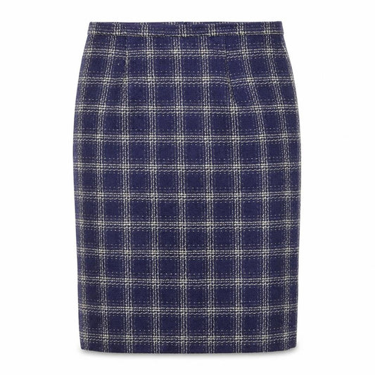 Front view of Preworn women’s blue check bandage skirt, size UK 32, in