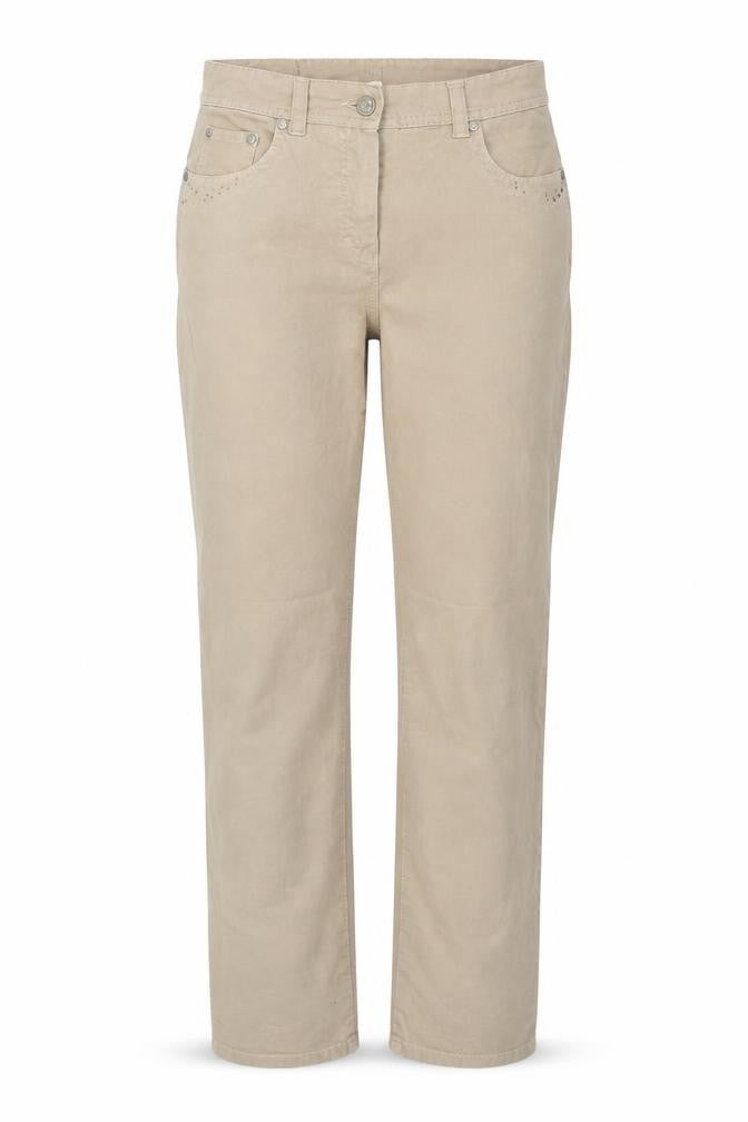 Front view of Preworn women’s beige trousers, size UK 8, 33-inch leg