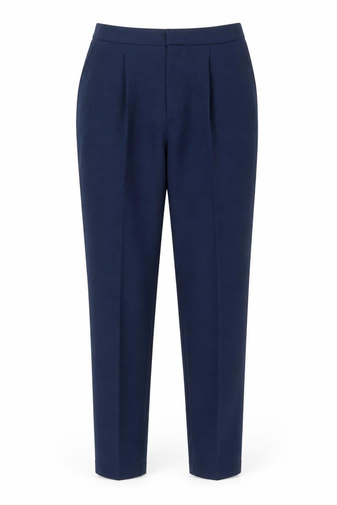 Front view of TOVA women’s blue geometric trousers, size UK 10, 28-inch leg