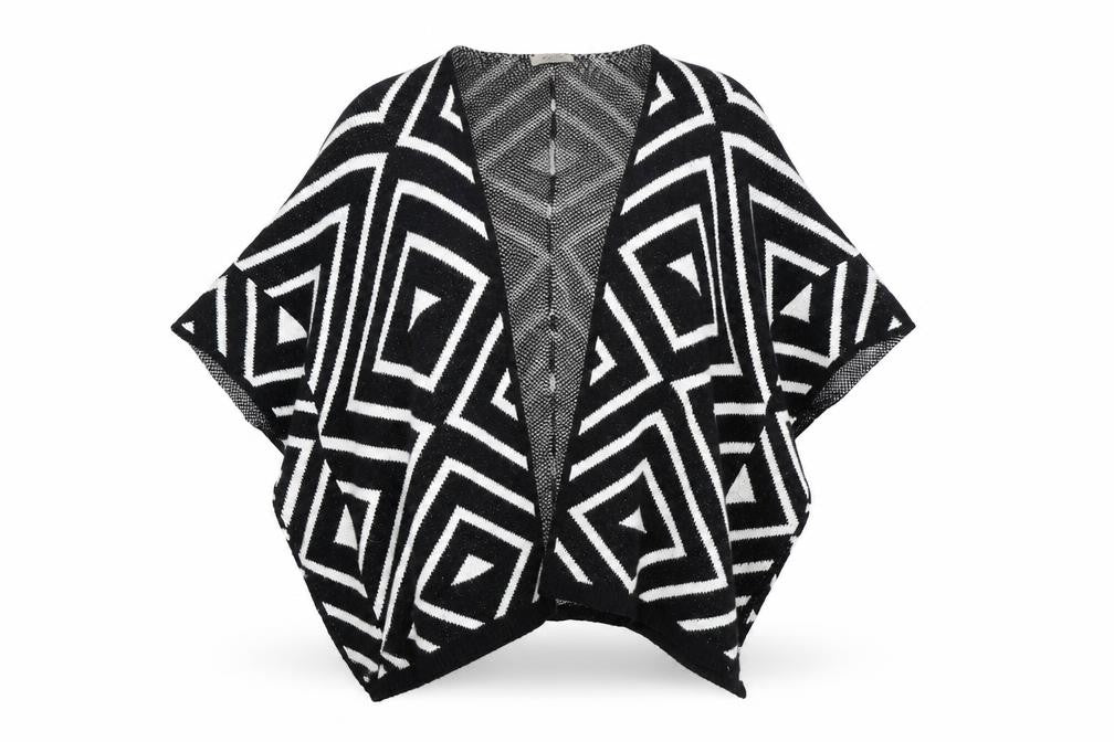 Front view of Sleek Chic women’s black geometric shrug jumper one size