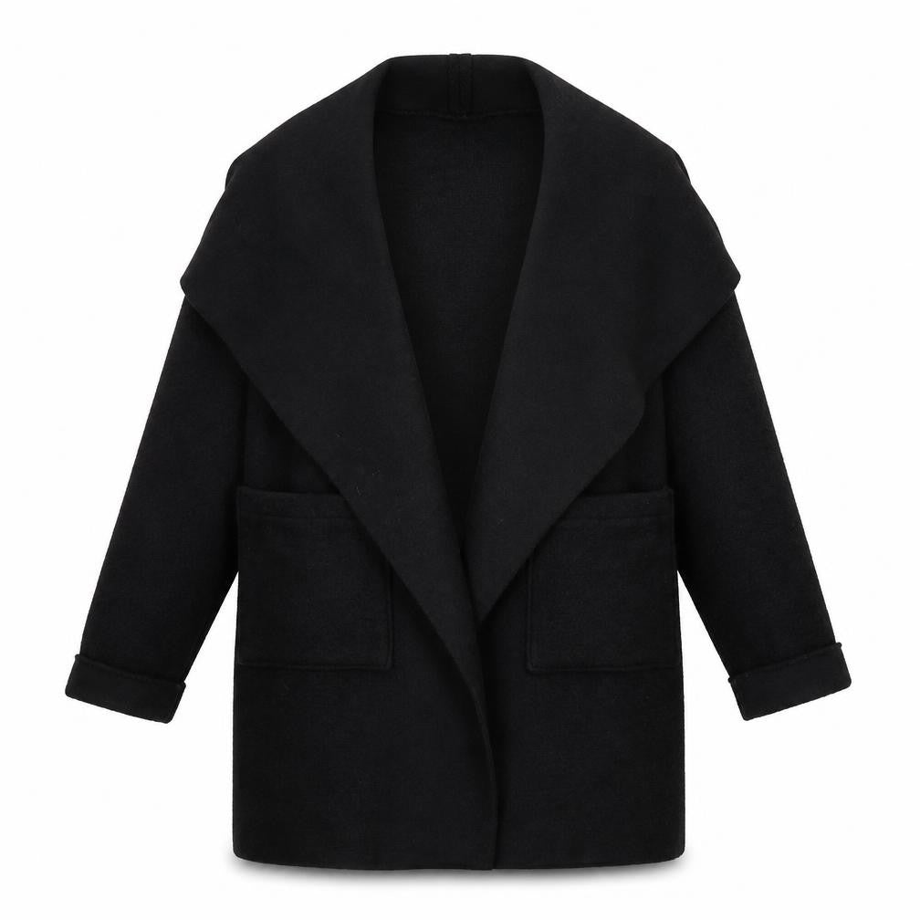 Front view of Preworn women’s black overcoat coat, size M