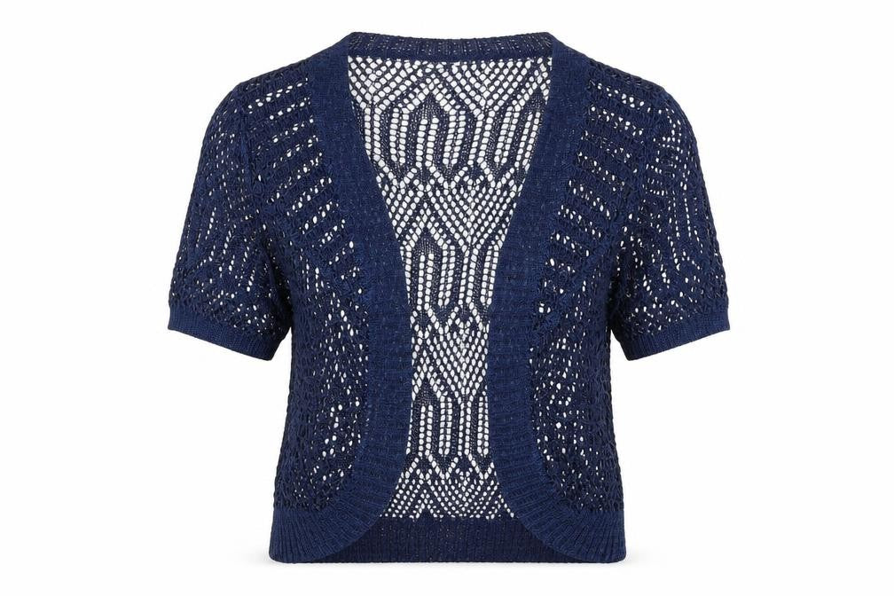 Front view of Sarah Hamilton women’s blue cardigan jumper, size M