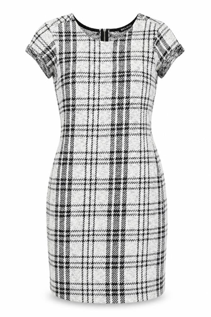 Front view of Select women’s white plaid pencil dress, size UK 6