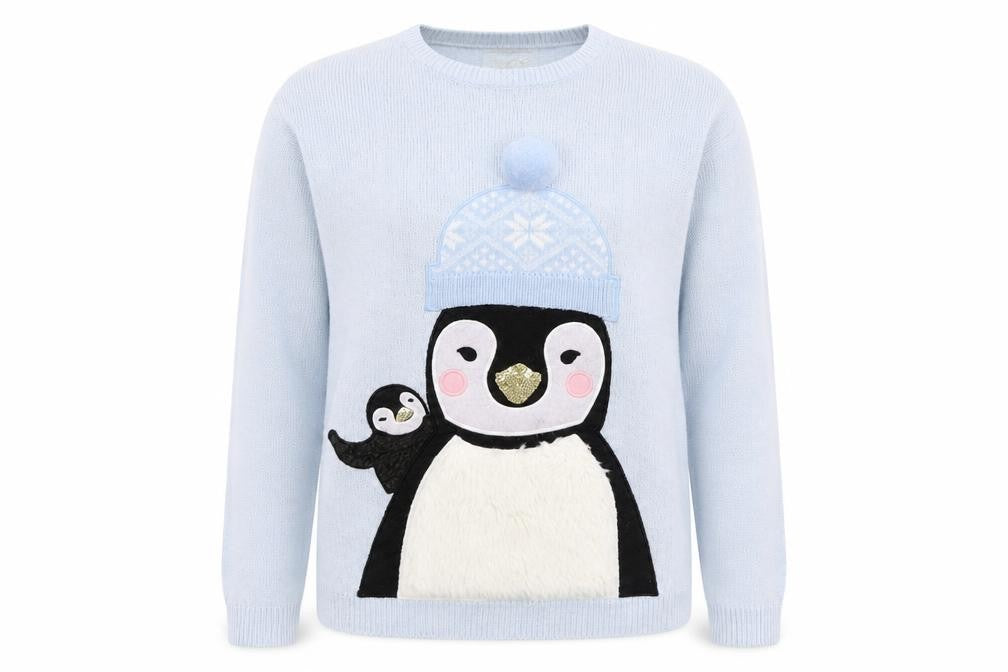 Front view of Preworn women’s blue jumper, size UK 10, - penguins
