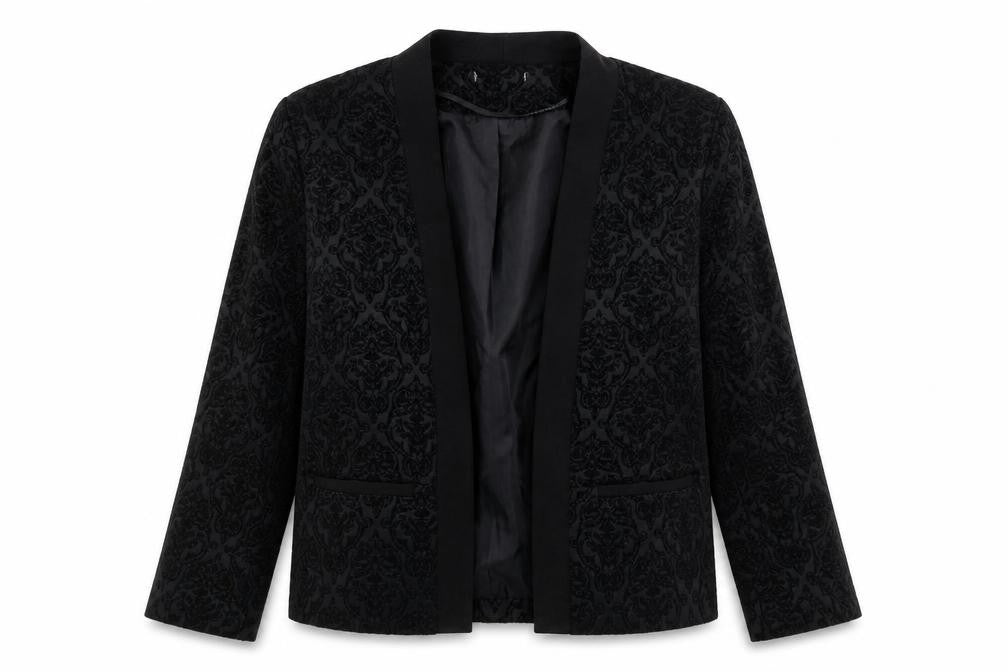 Front view of Atmosphere women’s black paisley jacket blazer, size UK 16